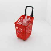现货大号四轮购物篮超市高背篮60升便利店塑料拉杆筐红色塑料篮