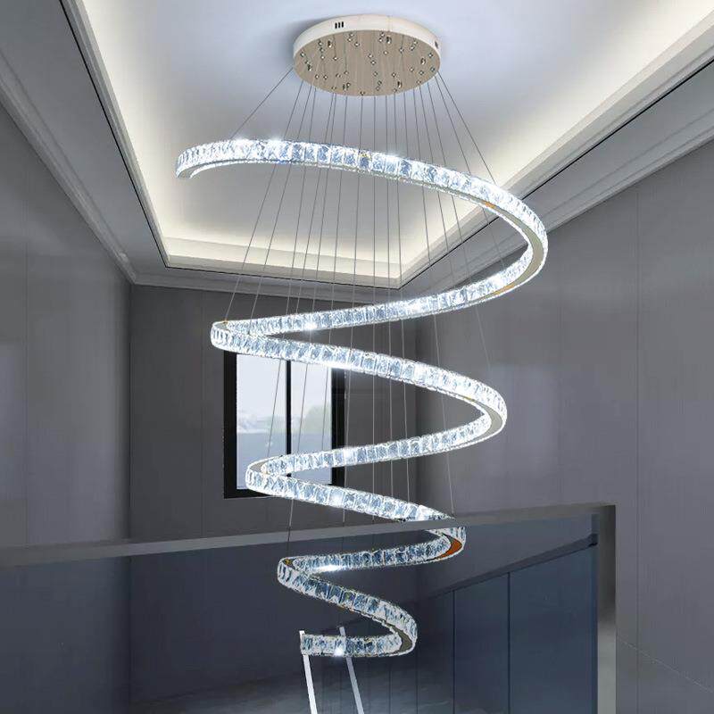 复式楼挑空客厅大吊灯轻奢现代楼梯间跃层loft别墅旋转楼梯水晶灯
