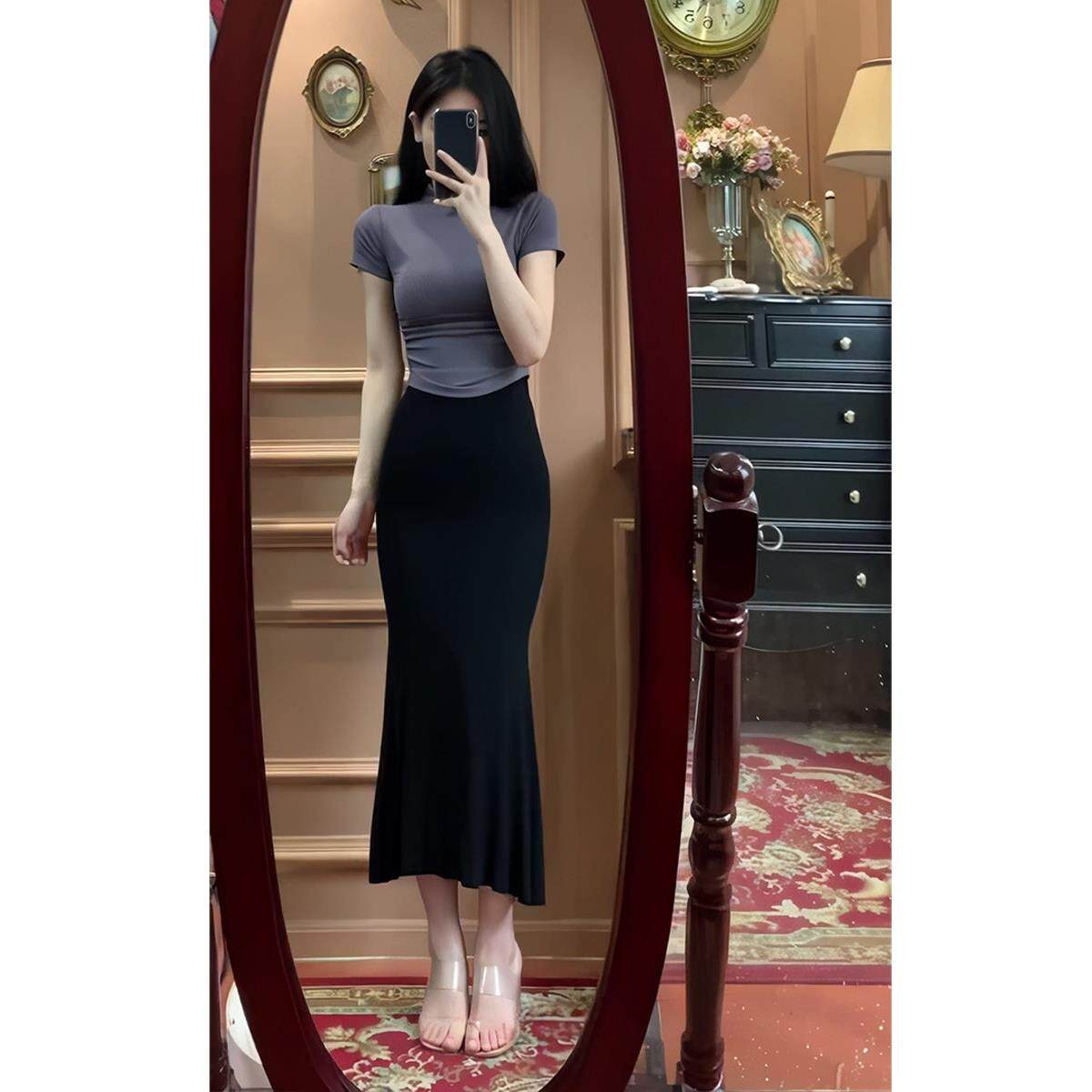 高腰显瘦包臀鱼尾半身裙女夏欧货正肩紧身半高领收腰短袖T恤套装