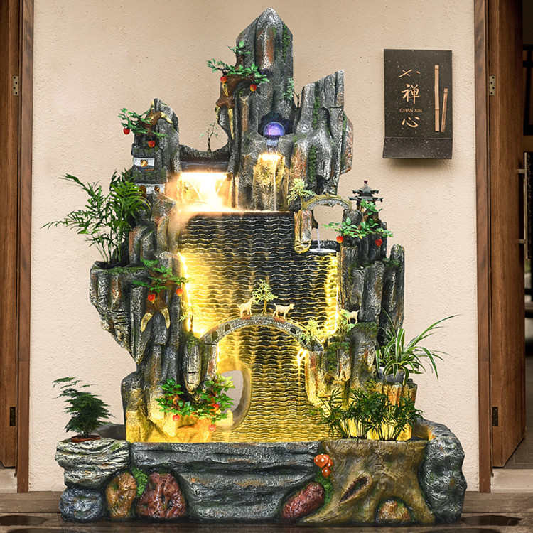 创意假山流水摆件 庭院喷泉客厅树脂落地装饰酒店会所 水幕墙