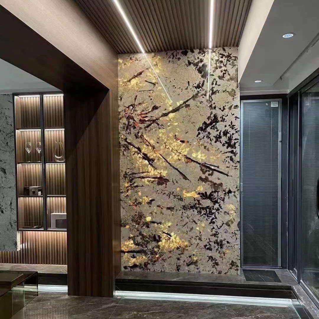 天然透光奢石金孔雀背景墙餐桌客梯玄关楼台踏步窗台石巴西图片