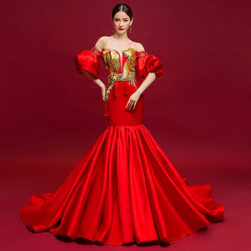 高档舞台表演成人中模特走秀礼服女气质款长演出刺绣礼国风主持人