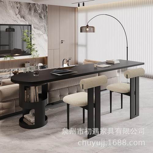 写诗黑色实木双人书桌极简居家办公电脑桌客厅大横厅沙发后长条桌