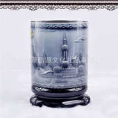 笔筒浮雕特色客厅创意上海商务礼品实用办公室定制水晶摆件中式