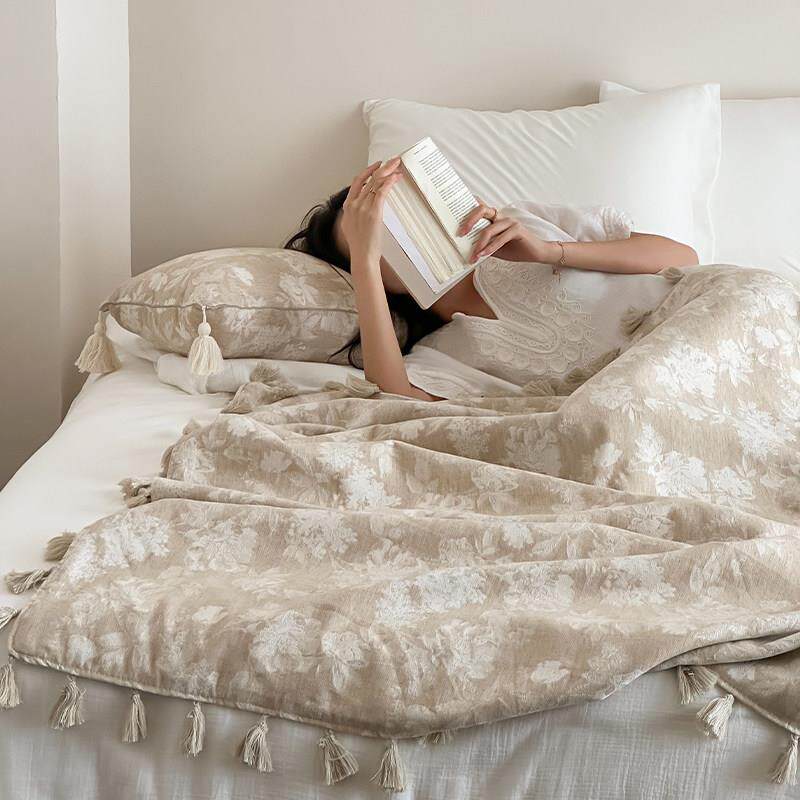 侘寂高级肌理感棉麻提花盖毯沙发巾春夏空调毯流苏抱枕家居休闲毯