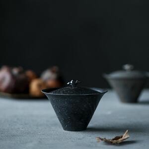 徐婉手作山石柴烧盖碗黑陶盖碗银釉金釉薄柴窑茶具手工纹理泡茶碗
