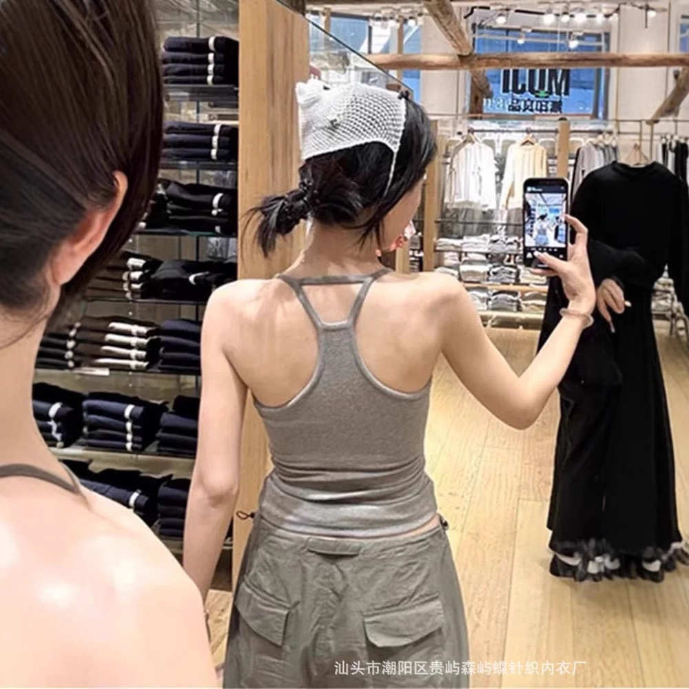 灰色辣妹吊带背心女挂脖遮副乳带胸垫运动修身美背外穿内搭上衣夏