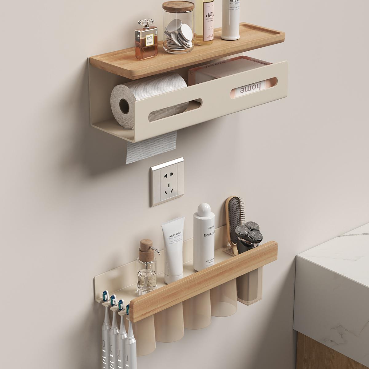 原木吹免风机置物架打孔卫生间双层洗脸巾tb-77030挂支收架架浴室