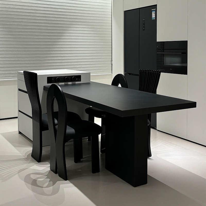 新中式黑胡桃木实木岛台餐桌一体长方形客厅家用可伸缩大户型餐台