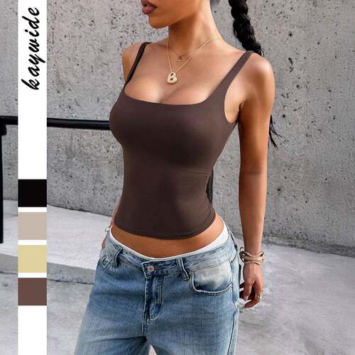 Womens Square Neck Yoga Cami Top Wide Strap Seamless Workout