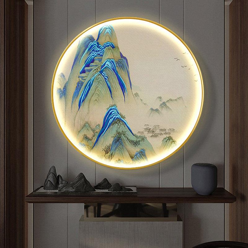 新中式千里江山图入户玄关装饰画发光画客厅背景墙挂画圆形进门画