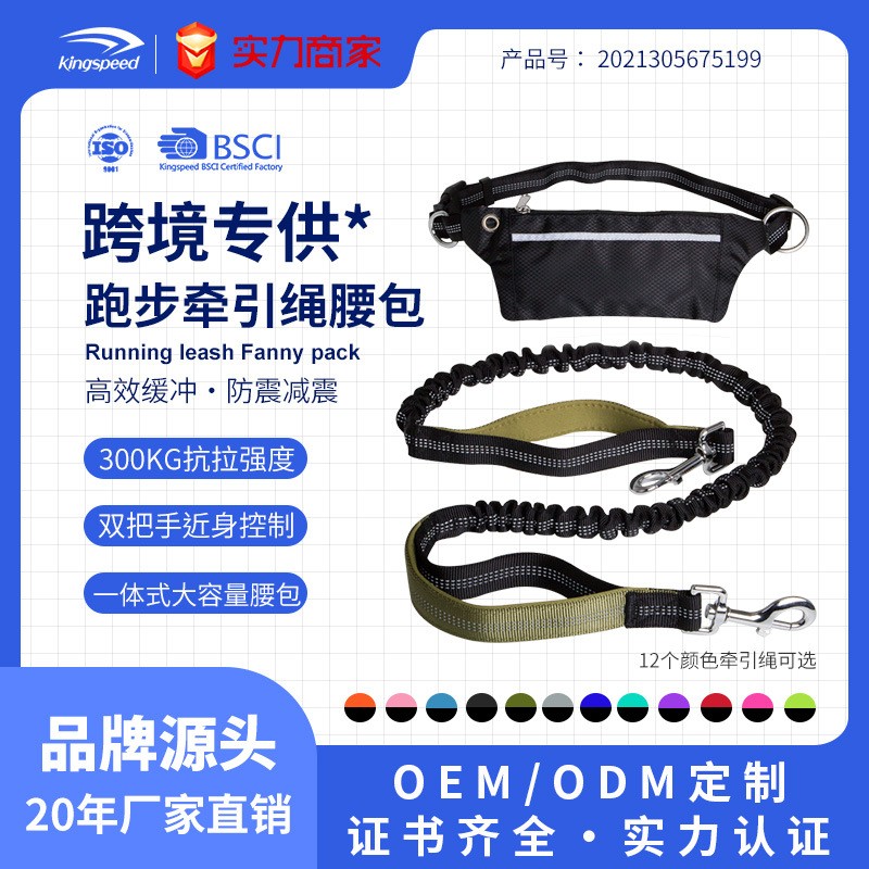 东莞科派带腰包跑步牵引绳 跨境宠物牵引绳尼龙反光遛狗绳牵引绳