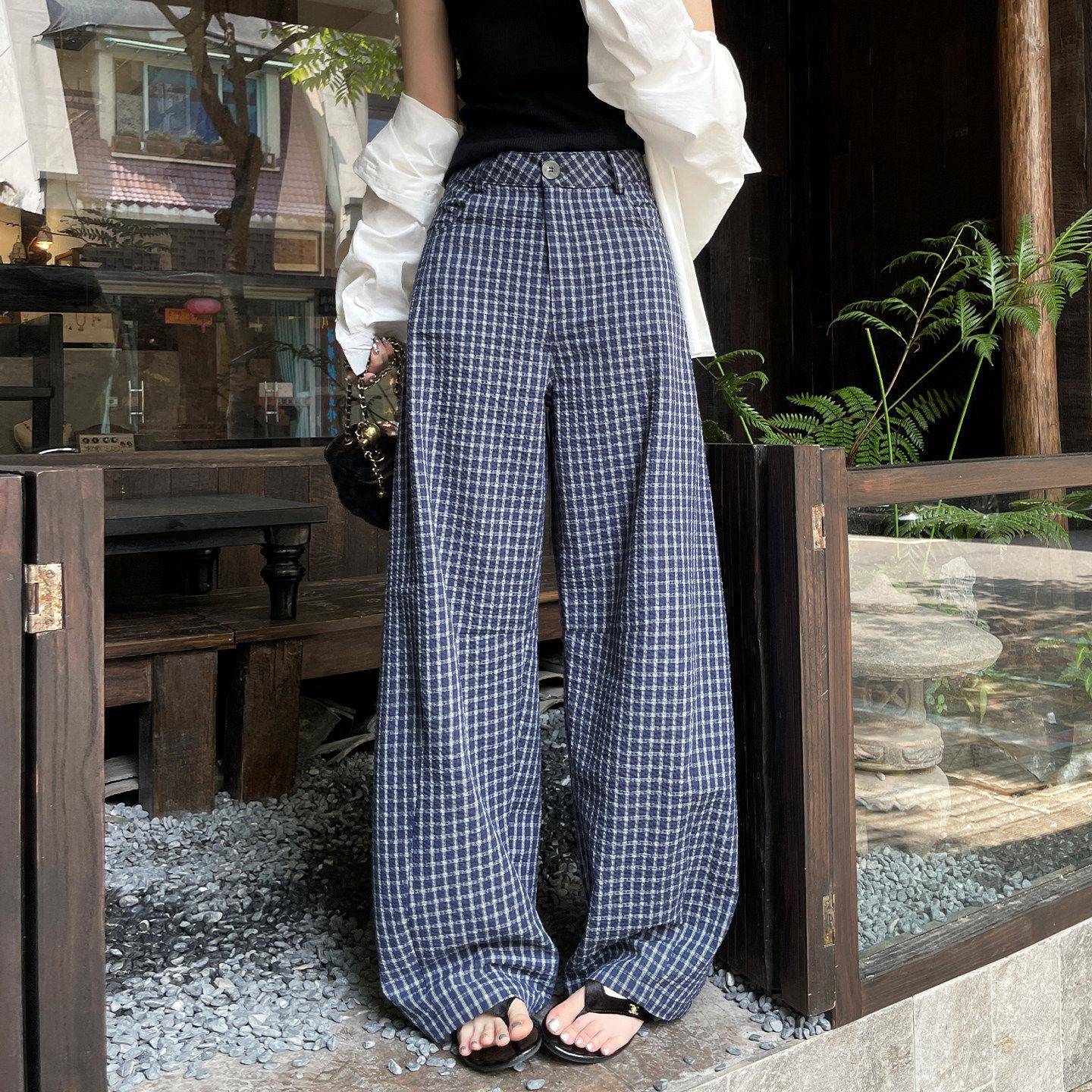 格子直筒裤女2026夏季新款松弛感慵懒风高腰显瘦休闲阔腿镰刀裤子