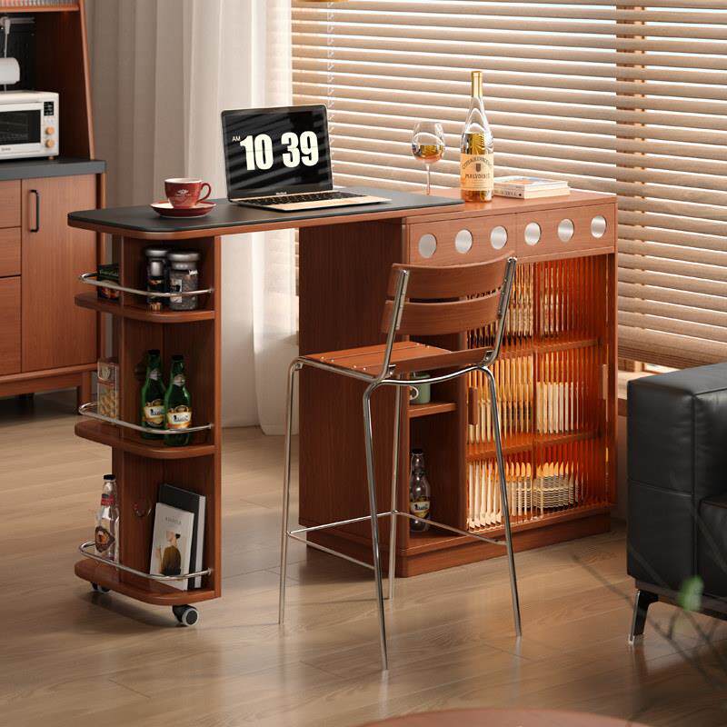 木小咖 吧台柜实木岩板岛台家用隔断柜客厅伸缩小户型家用吧台桌