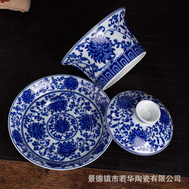 陶瓷器仿古泥三才盖碗大号矾红山水泡茶杯家用功夫茶杯