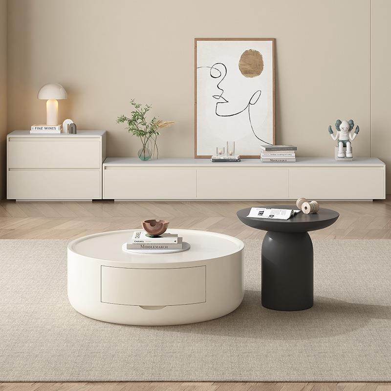 意式极简奶油风大小圆茶几轻奢小户型家用客厅圆形岩板茶几组合