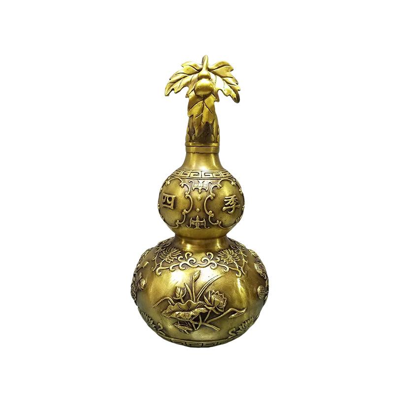 黄铜招财四季平安葫芦摆件纯青铜带叶葫芦手工带盖铜葫芦厂家