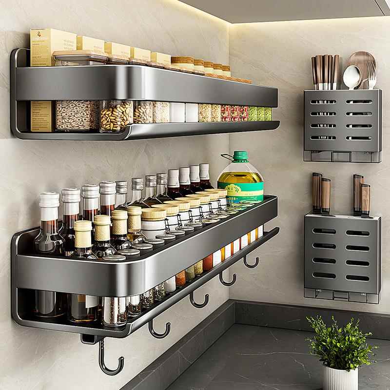 枪灰厨房置物架调味料架免打孔壁挂家用用品大全墙上不锈钢收塘祥
