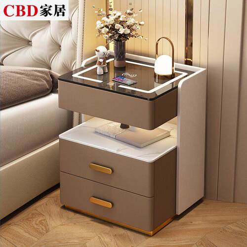 CBD智能床头柜简约现代高级感三抽轻奢家用卧室床头储物实木收纳
