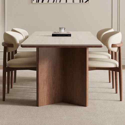 德利丰实木岩板餐桌家用黑胡桃木全托长方形法式中古风高端饭桌子