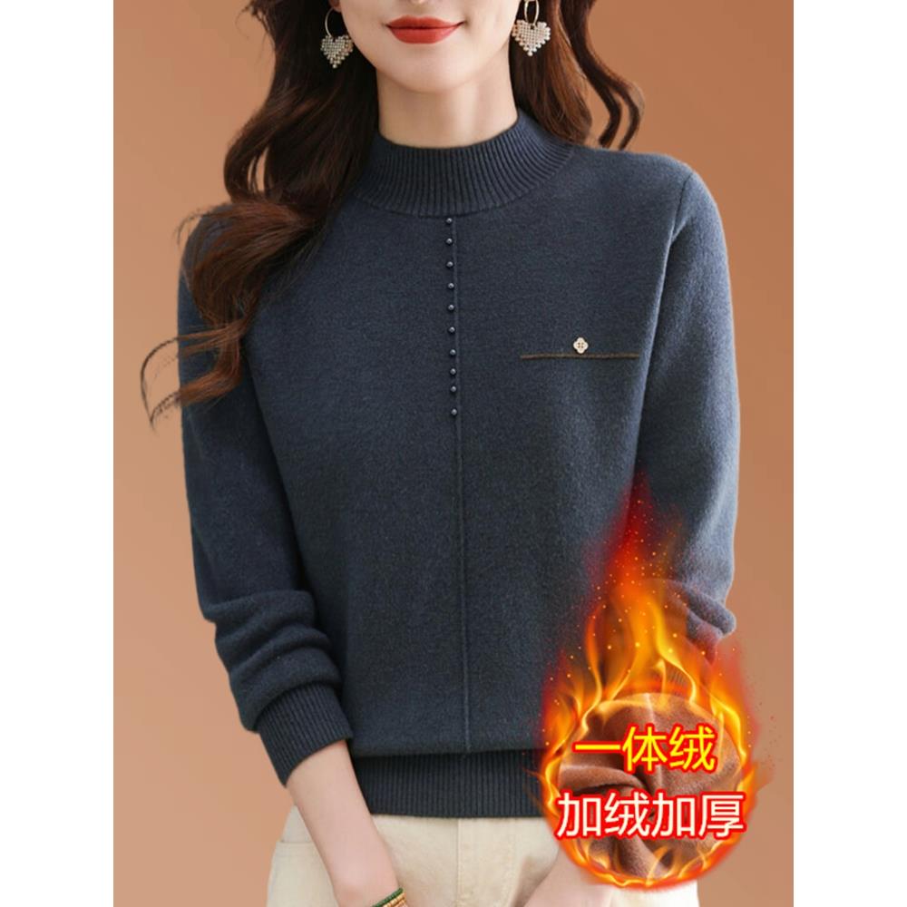 品牌羊绒衫女加绒加厚冬季套头毛衣妈妈洋气保暖一体绒内搭打底衫