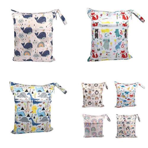 Baby Diaper Bag Cartoon Print Waterproof Wet Dry Nappy Zippe