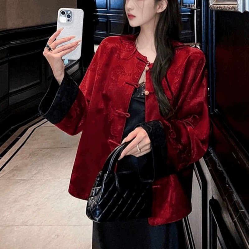 高级定制新中式丝质提花民族风格上衣女式春秋新款轻奢配色唐装钮