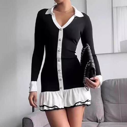 Long sleeved pearl button small fragrant style dress