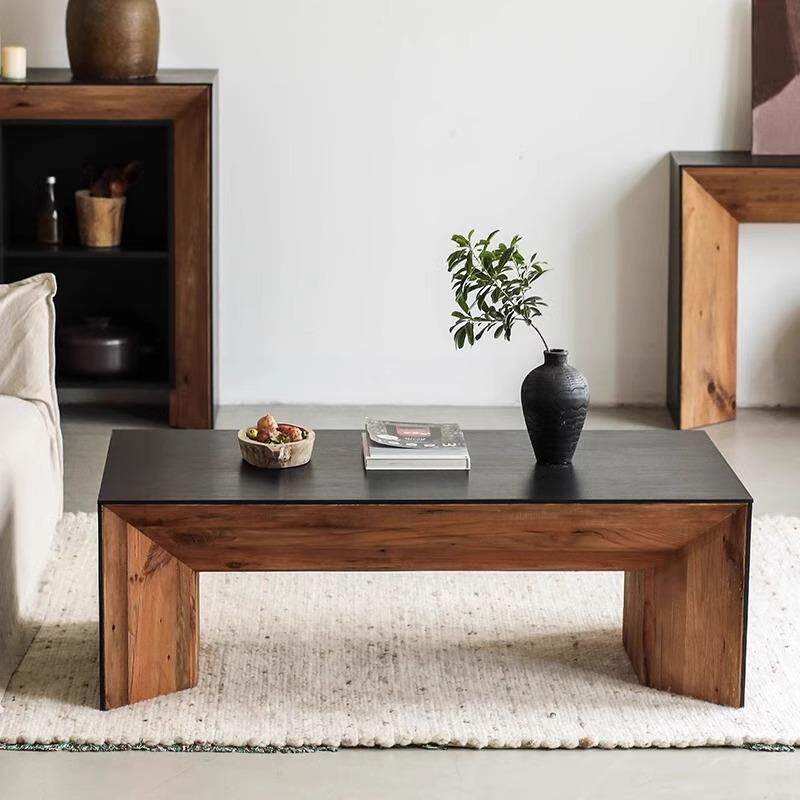 兰亭家居侘寂风茶几复古实木黑色桌子长方形矮桌日式原木极简茶桌