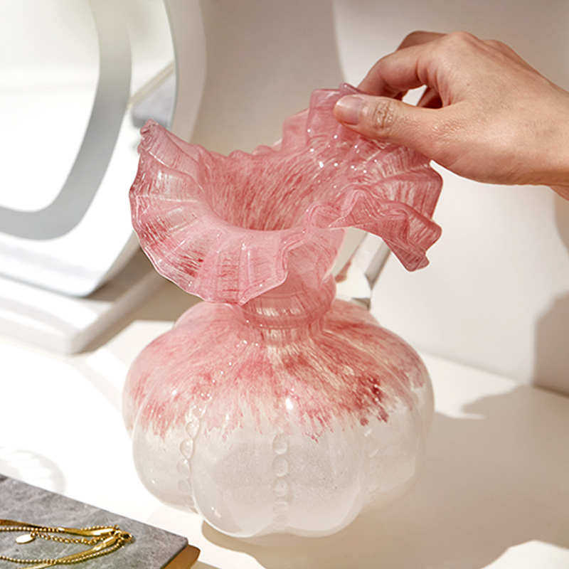 插花粉色芬中古感渐变琉璃顿摆设法式装饰样板间高级花瓶玻璃摆件,家居饰品,花瓶,淘宝优惠券,粉丝福利购,淘宝优惠卷