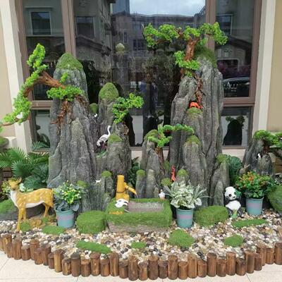 (新客立减)彷真假山石头造景室内户外庭院布置鱼池摆件迎客松布景