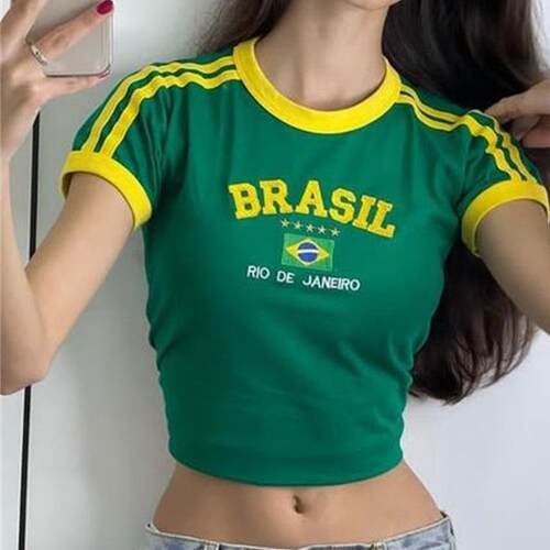 Aesthetic top, green T-shirt with letter pattern, short