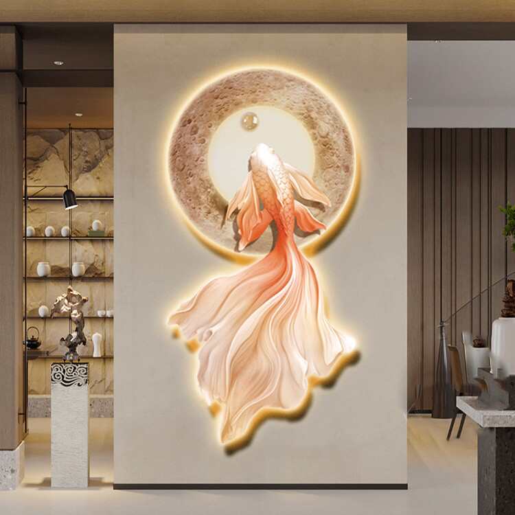 立体玄关装饰画九鱼图走廊过道挂画led灯光画正对门高级感造型画图片