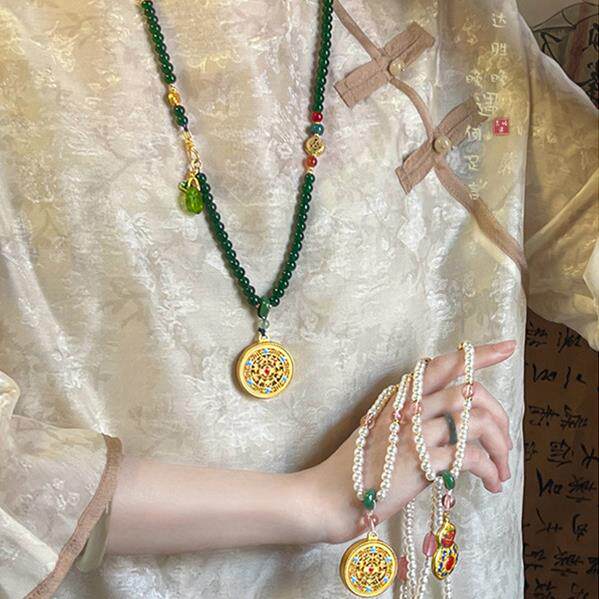 新中式复古圆牌串珠项链女马面裙汉服旗袍毛衣链古风民族风配饰品
