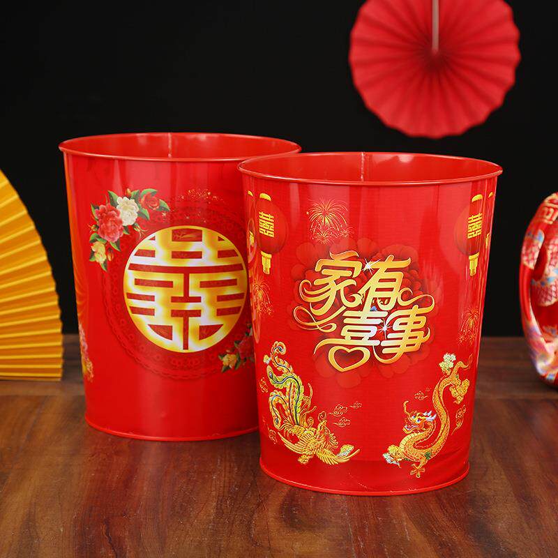 新款结婚用品红色铁质垃圾桶家用客厅卫生间厨房喜字无盖果皮桶