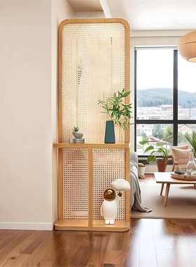 复古藤编屏风隔断客厅入户玄关遮挡可移动实木座屏侘寂风置物花架