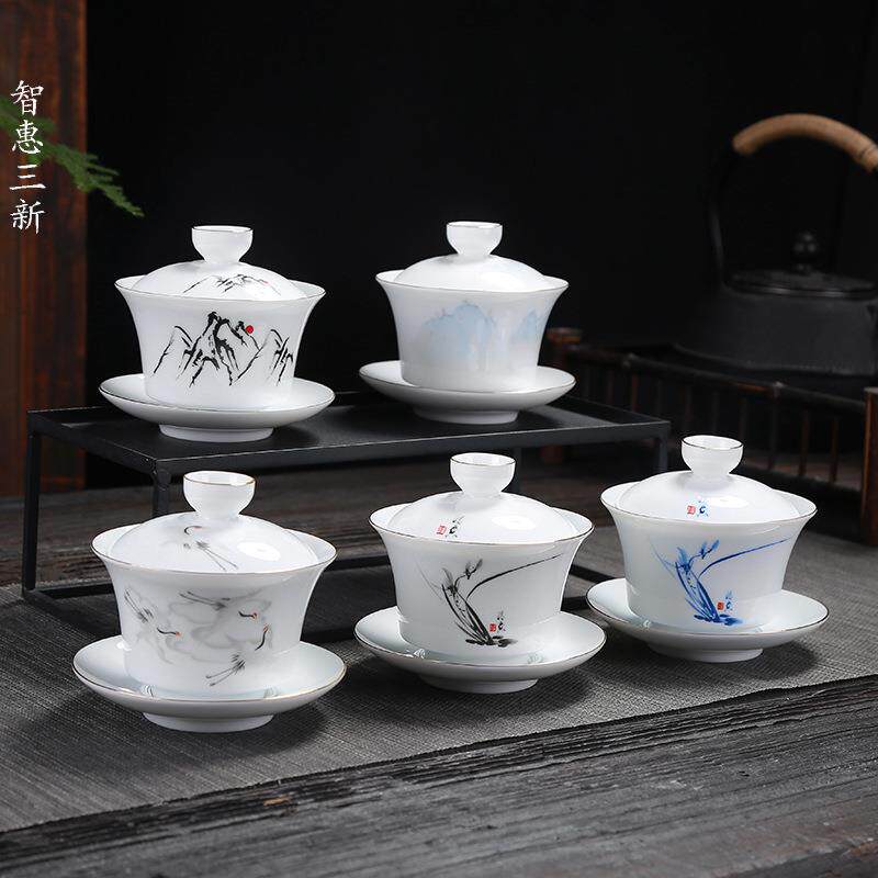 陶瓷盖碗品茗杯创意大号敬茶碗茶杯白瓷功夫茶具金边三才盖碗