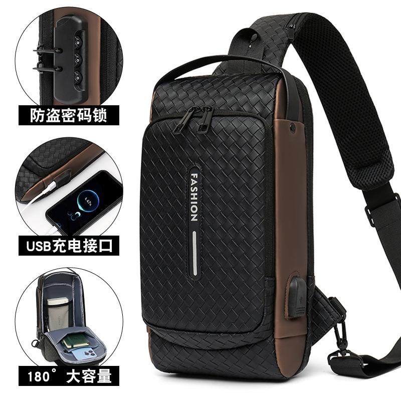 男士新款编织机车包多功能大容量防盗胸包USB 充电运动单肩斜挎包,箱包皮具/热销女包/男包,胸包,淘宝优惠券,粉丝福利购,淘宝优惠卷