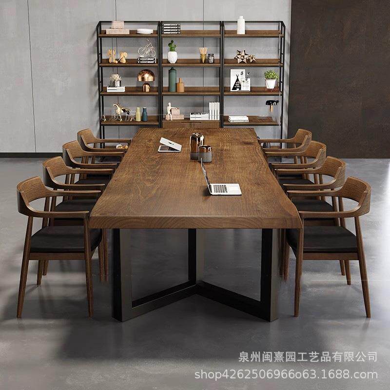北欧实木复古板式铁艺会议桌原木大板接待长桌子工作办公桌椅组合