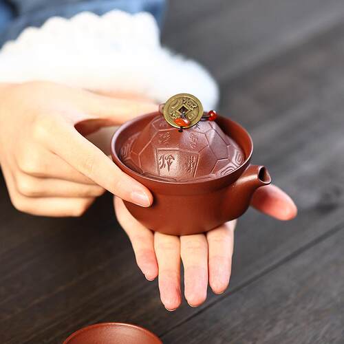 宜兴原矿老紫泥紫砂快客杯旅行茶具套装便携式茶壶富甲一方手抓壶