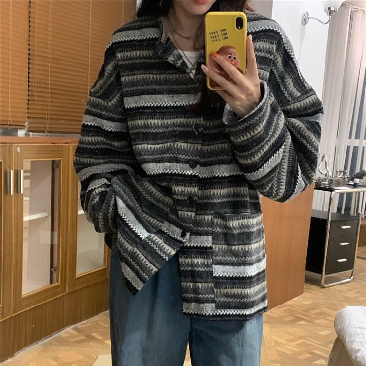 新品慵懒风针织开衫女秋冬新款设计感撞色条纹棒球服上衣长袖毛呢