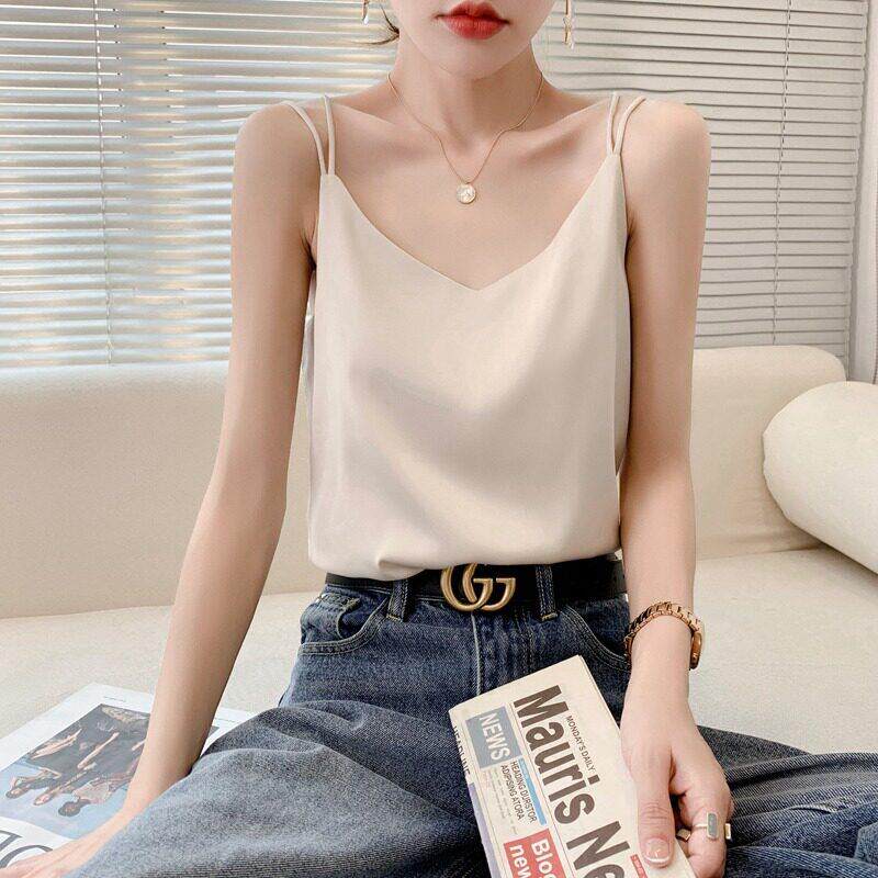 DGVV真丝吊带背心女内搭西装v领打底衫夏气质显瘦设计感露肩美背