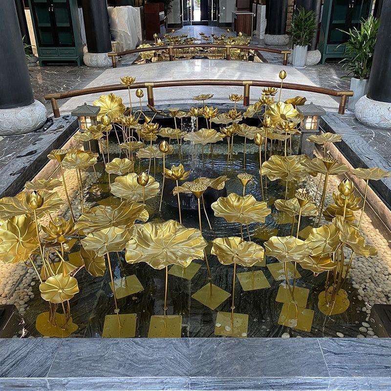 莲花创意会荷花金属所金色装饰莲叶摆件室内酒店水池铁艺荷叶水景