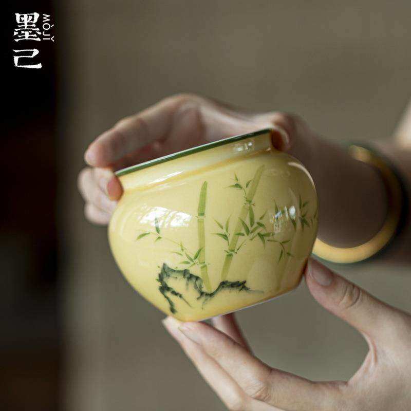 墨己月黄石畔影竹建水手绘陶瓷家用茶道配件废水缸水盂茶席茶渣缸