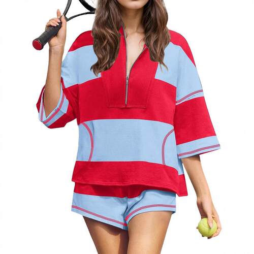 Zipper seven quarter sleeve shorts set 拉链七分袖短裤套装