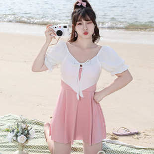 新款 大码 微胖连体泳衣女保守遮肚显瘦甜美防走光泳装 平角裤