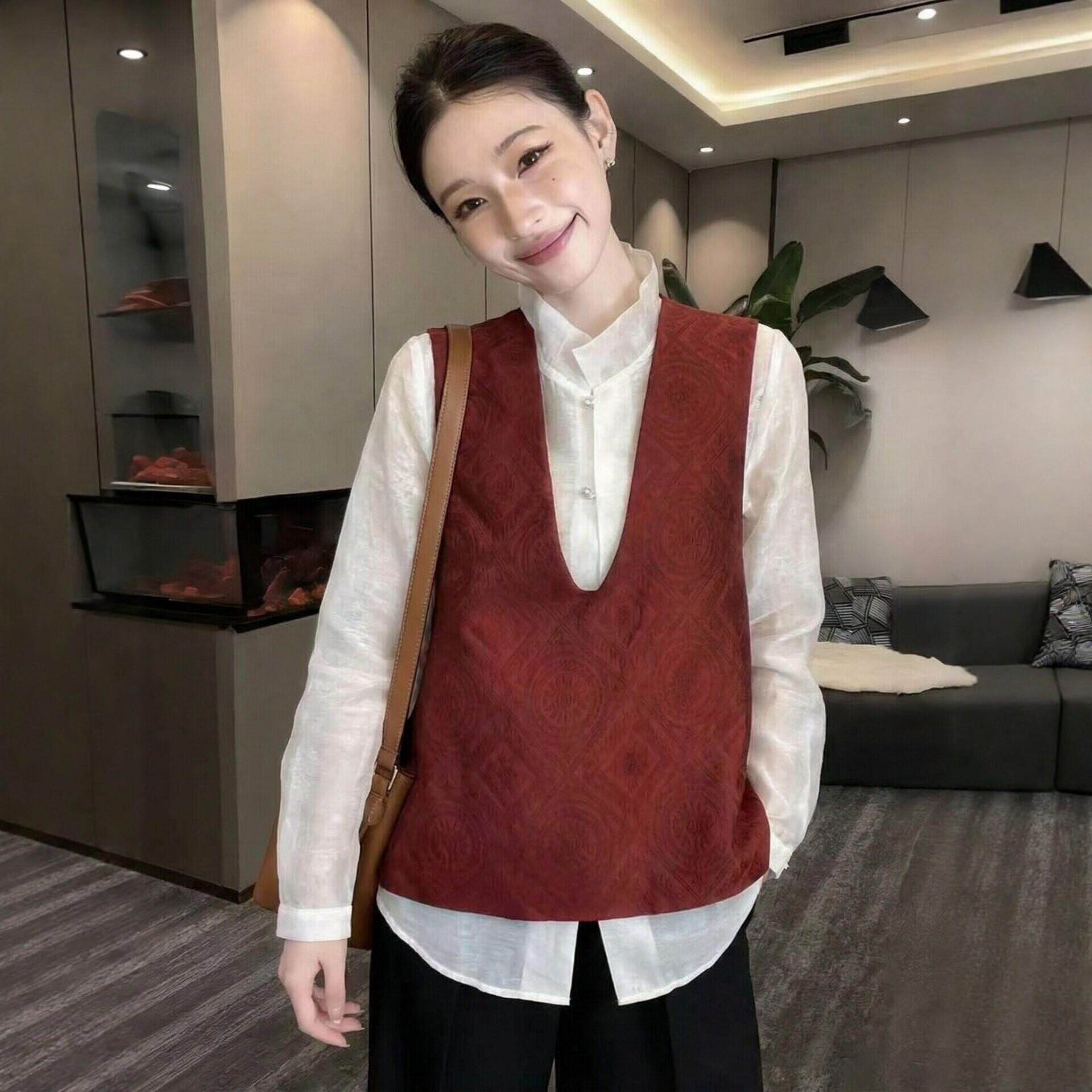 新中式国风时尚套装女式春夏新款提花背心马甲打底衬衫气质两件套