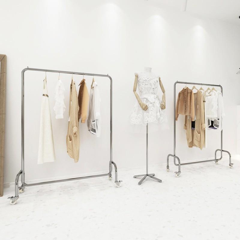 服装店展示架落地式不锈钢货架带轮子银色挂衣杆女装店中岛陈列架