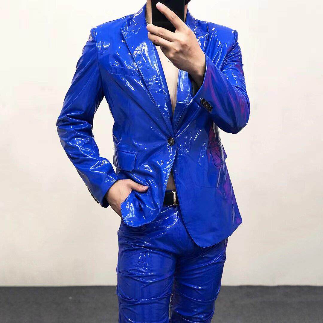 镜面反光亮皮衣西装男夜店演出服车模健美走秀肌肉男夹克外贸大码