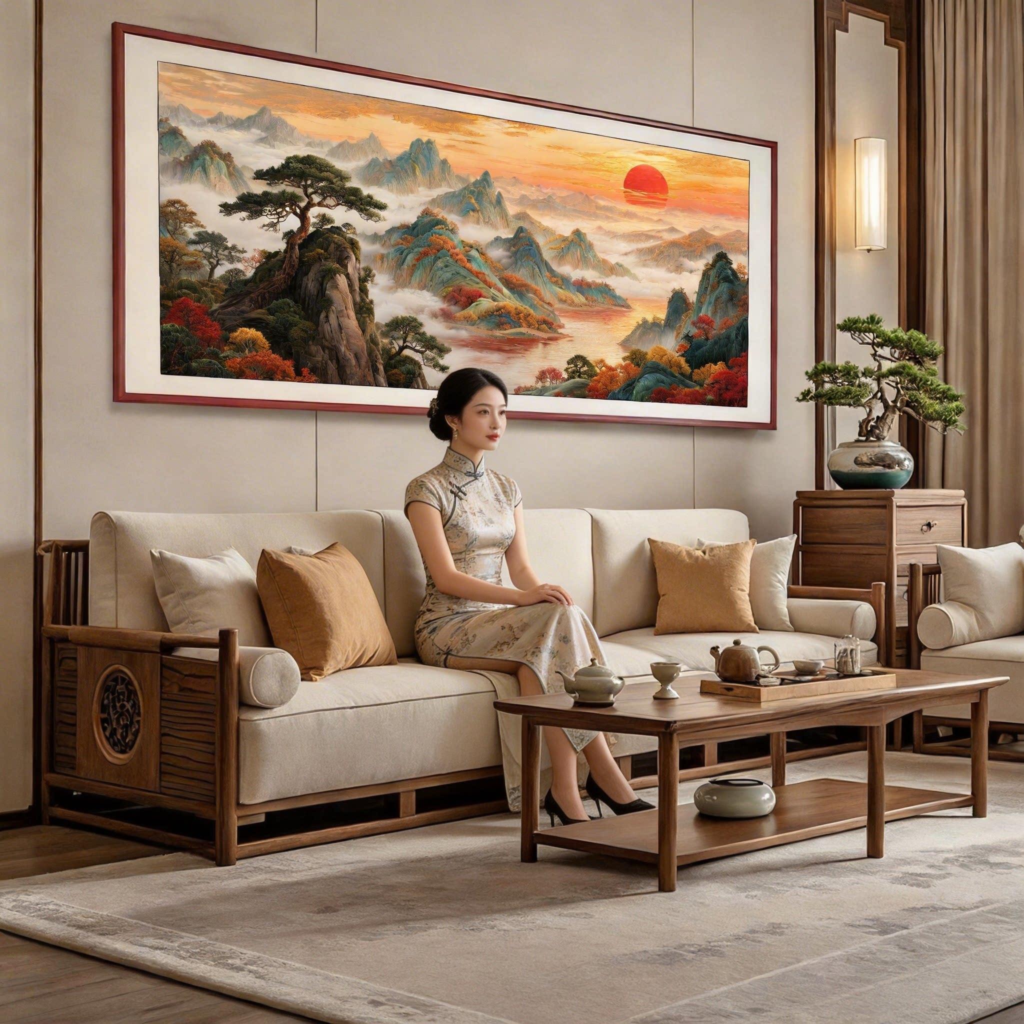 鸿运当头千里江山图客厅沙发背景墙装饰画山水挂画办公室靠山图